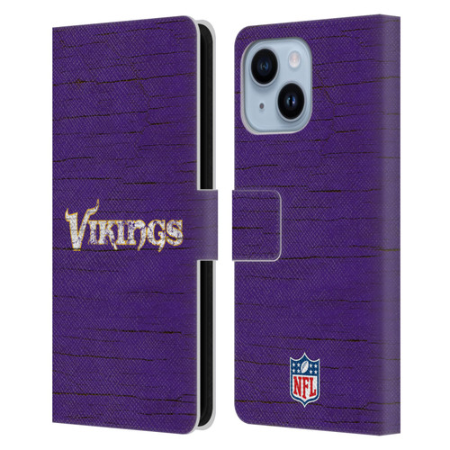 NFL Minnesota Vikings Logo Distressed Look Leather Book Wallet Case Cover For Apple iPhone 14 Plus