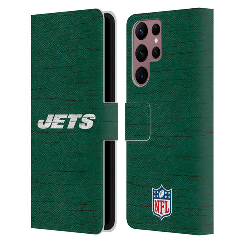 NFL New York Jets Logo Distressed Look Leather Book Wallet Case Cover For Samsung Galaxy S22 Ultra 5G