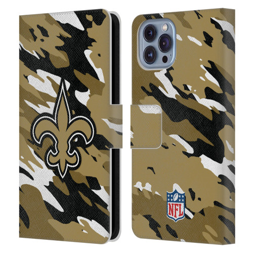 NFL New Orleans Saints Logo Camou Leather Book Wallet Case Cover For Apple iPhone 14