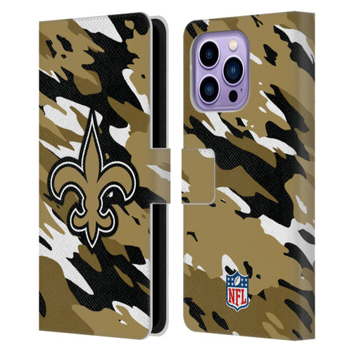 NFL New Orleans Saints Logo Camou Leather Book Wallet Case Cover For Apple iPhone 14 Pro Max
