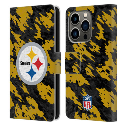 NFL Pittsburgh Steelers Logo Camou Leather Book Wallet Case Cover For Apple iPhone 14 Pro