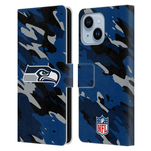 NFL Seattle Seahawks Logo Camou Leather Book Wallet Case Cover For Apple iPhone 14 Plus