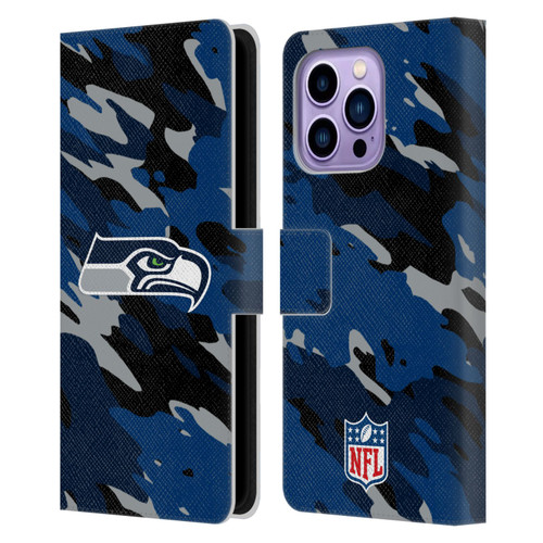 NFL Seattle Seahawks Logo Camou Leather Book Wallet Case Cover For Apple iPhone 14 Pro Max