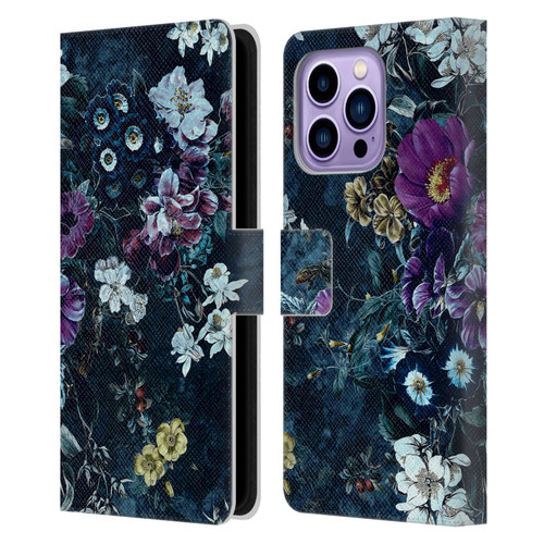 Riza Peker Night Floral Purple Flowers Leather Book Wallet Case Cover For Apple iPhone 14 Pro Max