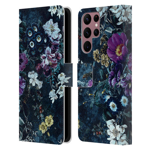 Riza Peker Night Floral Purple Flowers Leather Book Wallet Case Cover For Samsung Galaxy S22 Ultra 5G