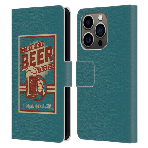 Lantern Press Man Cave Beer Tester Leather Book Wallet Case Cover For Apple iPhone 14 Pro