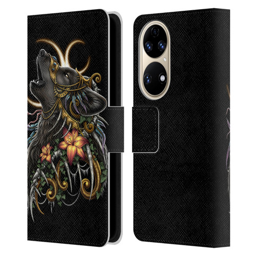 Sarah Richter Animals Gothic Black Howling Wolf Leather Book Wallet Case Cover For Huawei P50