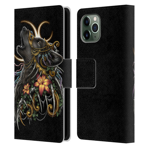 Sarah Richter Animals Gothic Black Howling Wolf Leather Book Wallet Case Cover For Apple iPhone 11 Pro