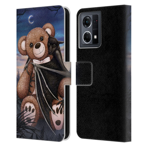 Sarah Richter Animals Bat Cuddling A Toy Bear Leather Book Wallet Case Cover For OPPO Reno8 4G