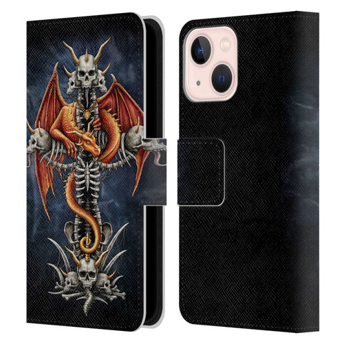 Sarah Richter Fantasy Creatures Red Dragon Guarding Bone Cross Leather Book Wallet Case Cover For Apple iPhone 13 Mini
