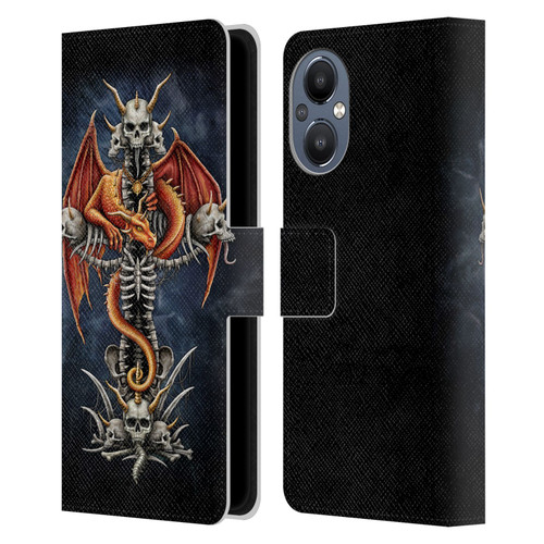 Sarah Richter Fantasy Creatures Red Dragon Guarding Bone Cross Leather Book Wallet Case Cover For OnePlus Nord N20 5G