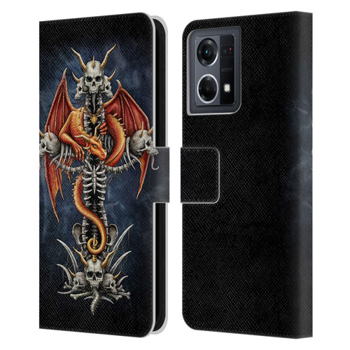 Sarah Richter Fantasy Creatures Red Dragon Guarding Bone Cross Leather Book Wallet Case Cover For OPPO Reno8 4G