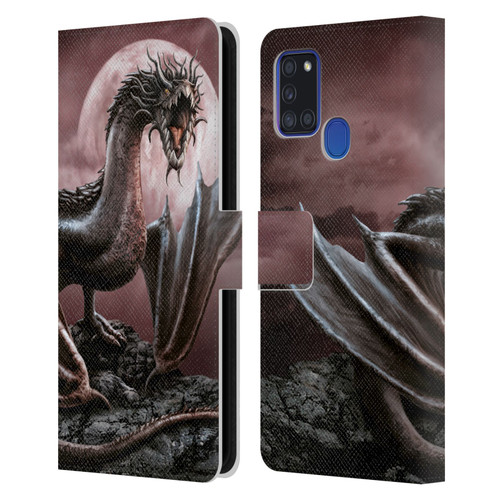Sarah Richter Fantasy Creatures Black Dragon Roaring Leather Book Wallet Case Cover For Samsung Galaxy A21s (2020)