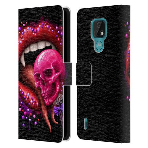Sarah Richter Skulls Red Vampire Candy Lips Leather Book Wallet Case Cover For Motorola Moto E7