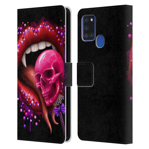 Sarah Richter Skulls Red Vampire Candy Lips Leather Book Wallet Case Cover For Samsung Galaxy A21s (2020)