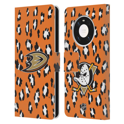 NHL Anaheim Ducks Leopard Patten Leather Book Wallet Case Cover For Huawei Mate 40 Pro 5G