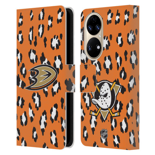 NHL Anaheim Ducks Leopard Patten Leather Book Wallet Case Cover For Huawei P50