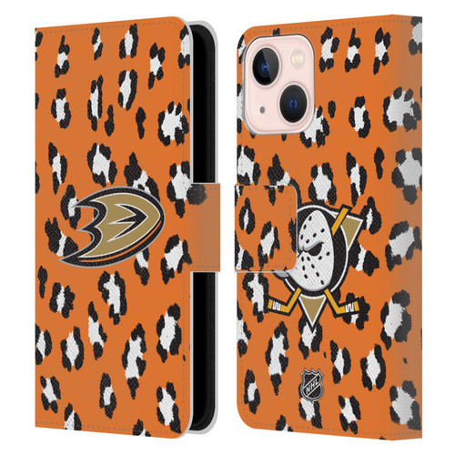 NHL Anaheim Ducks Leopard Patten Leather Book Wallet Case Cover For Apple iPhone 13 Mini