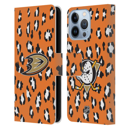 NHL Anaheim Ducks Leopard Patten Leather Book Wallet Case Cover For Apple iPhone 13 Pro