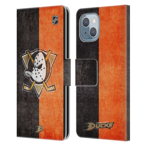 NHL Anaheim Ducks Half Distressed Leather Book Wallet Case Cover For Apple iPhone 14