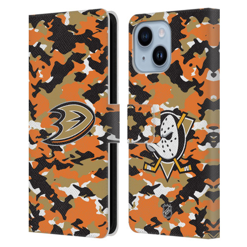NHL Anaheim Ducks Camouflage Leather Book Wallet Case Cover For Apple iPhone 14 Plus