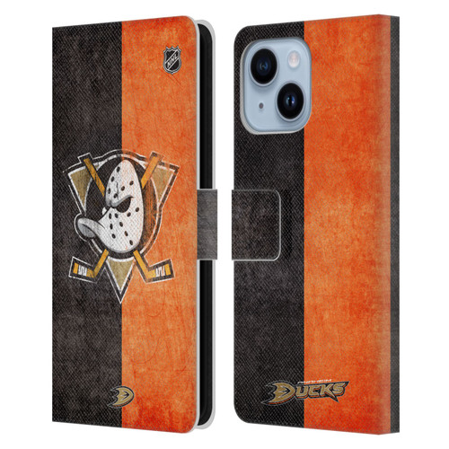 NHL Anaheim Ducks Half Distressed Leather Book Wallet Case Cover For Apple iPhone 14 Plus