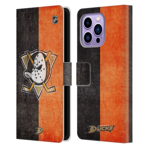 NHL Anaheim Ducks Half Distressed Leather Book Wallet Case Cover For Apple iPhone 14 Pro Max
