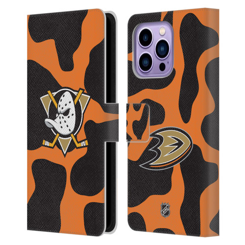 NHL Anaheim Ducks Cow Pattern Leather Book Wallet Case Cover For Apple iPhone 14 Pro Max