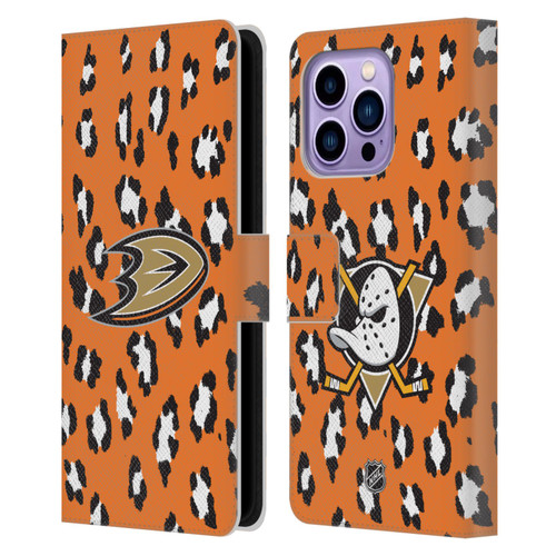 NHL Anaheim Ducks Leopard Patten Leather Book Wallet Case Cover For Apple iPhone 14 Pro Max