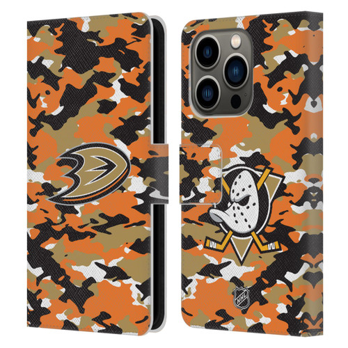 NHL Anaheim Ducks Camouflage Leather Book Wallet Case Cover For Apple iPhone 14 Pro