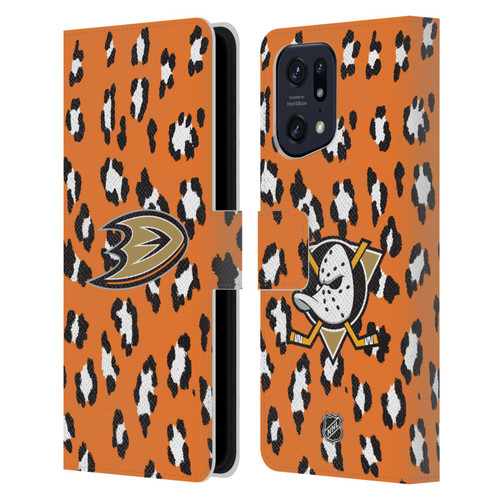 NHL Anaheim Ducks Leopard Patten Leather Book Wallet Case Cover For OPPO Find X5