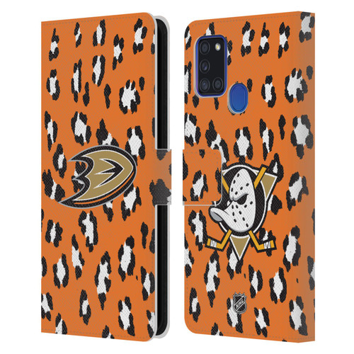 NHL Anaheim Ducks Leopard Patten Leather Book Wallet Case Cover For Samsung Galaxy A21s (2020)