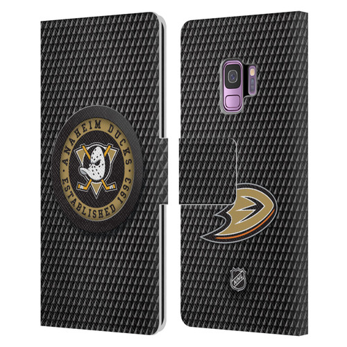 NHL Anaheim Ducks Puck Texture Leather Book Wallet Case Cover For Samsung Galaxy S9