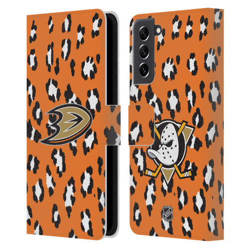 NHL Anaheim Ducks Leopard Patten Leather Book Wallet Case Cover For Samsung Galaxy S21 FE 5G