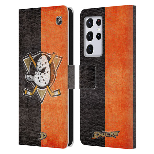 NHL Anaheim Ducks Half Distressed Leather Book Wallet Case Cover For Samsung Galaxy S21 Ultra 5G