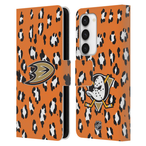 NHL Anaheim Ducks Leopard Patten Leather Book Wallet Case Cover For Samsung Galaxy S23 5G
