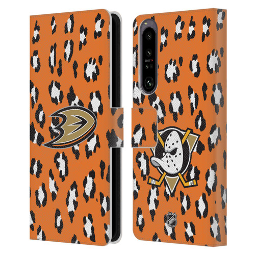NHL Anaheim Ducks Leopard Patten Leather Book Wallet Case Cover For Sony Xperia 1 IV