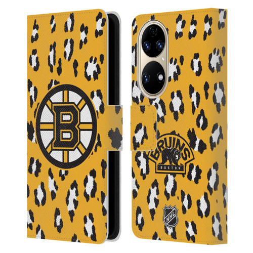 NHL Boston Bruins Leopard Patten Leather Book Wallet Case Cover For Huawei P50
