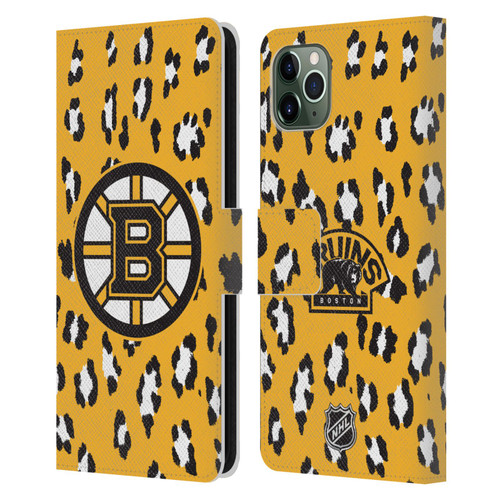 NHL Boston Bruins Leopard Patten Leather Book Wallet Case Cover For Apple iPhone 11 Pro Max
