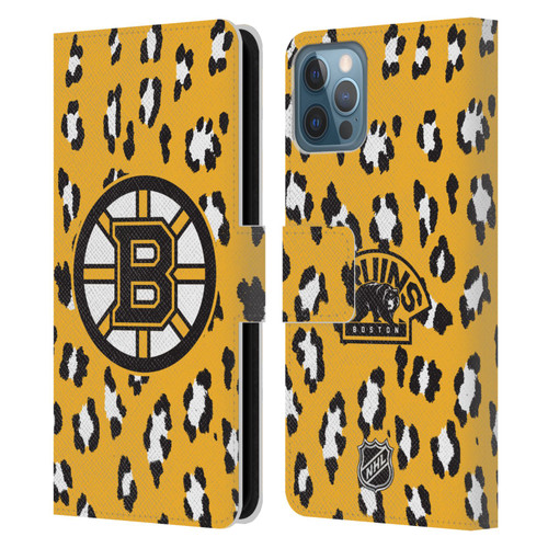 NHL Boston Bruins Leopard Patten Leather Book Wallet Case Cover For Apple iPhone 12 / iPhone 12 Pro