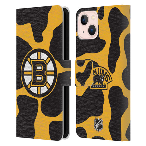 NHL Boston Bruins Cow Pattern Leather Book Wallet Case Cover For Apple iPhone 13