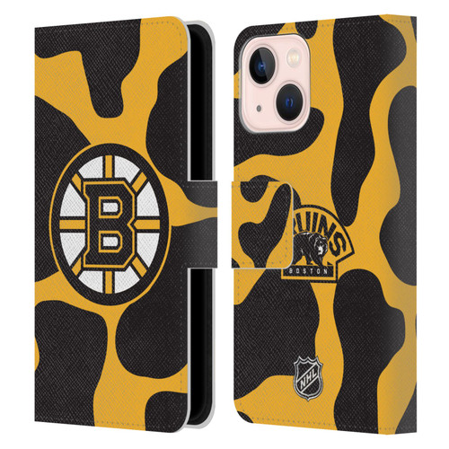 NHL Boston Bruins Cow Pattern Leather Book Wallet Case Cover For Apple iPhone 13 Mini