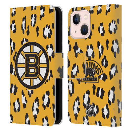 NHL Boston Bruins Leopard Patten Leather Book Wallet Case Cover For Apple iPhone 13 Mini