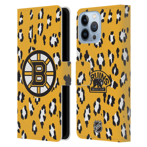 NHL Boston Bruins Leopard Patten Leather Book Wallet Case Cover For Apple iPhone 13 Pro Max