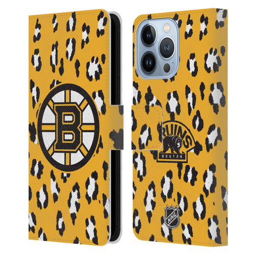 NHL Boston Bruins Leopard Patten Leather Book Wallet Case Cover For Apple iPhone 13 Pro