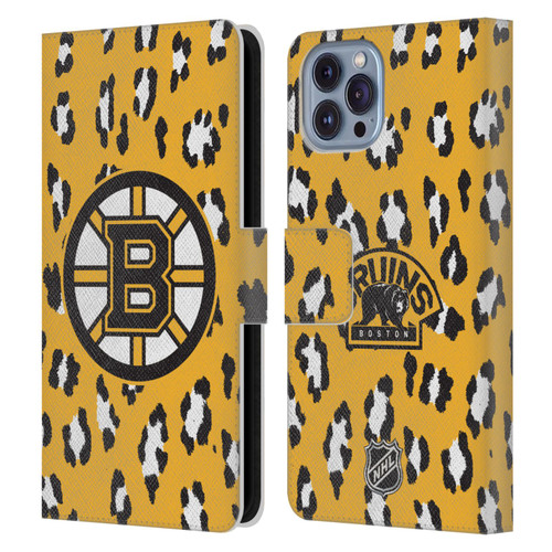 NHL Boston Bruins Leopard Patten Leather Book Wallet Case Cover For Apple iPhone 14