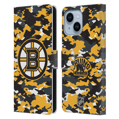 NHL Boston Bruins Camouflage Leather Book Wallet Case Cover For Apple iPhone 14 Plus