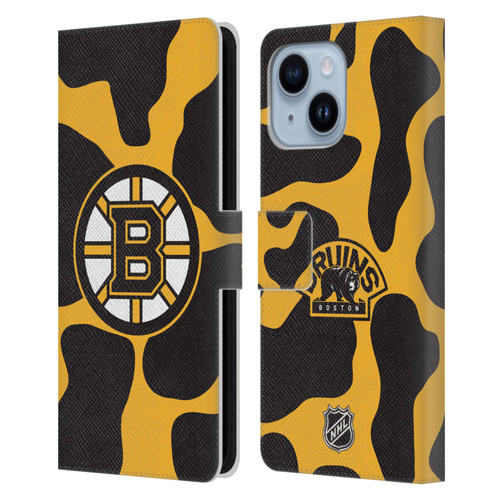 NHL Boston Bruins Cow Pattern Leather Book Wallet Case Cover For Apple iPhone 14 Plus