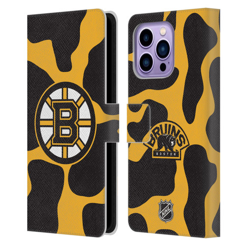 NHL Boston Bruins Cow Pattern Leather Book Wallet Case Cover For Apple iPhone 14 Pro Max