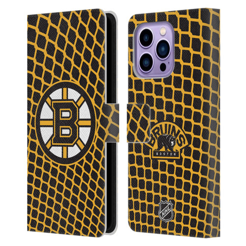 NHL Boston Bruins Net Pattern Leather Book Wallet Case Cover For Apple iPhone 14 Pro Max